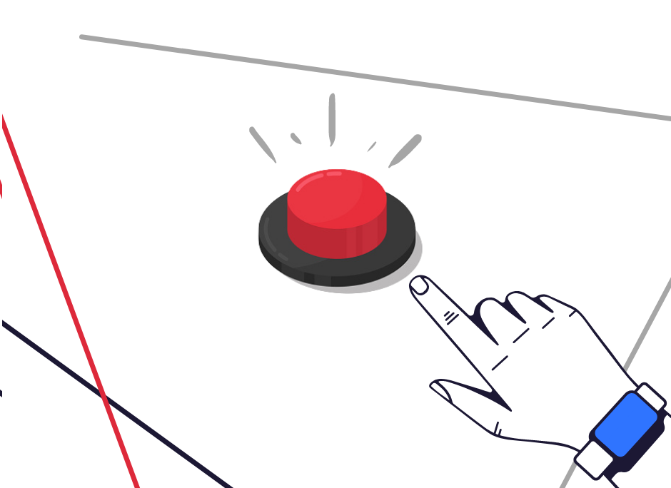 Hand with outstretched index finger pointing at flashing red button.