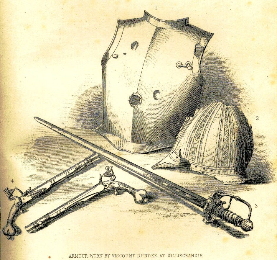 This illustration from an old book shows a breastplate with two dents, a small hole at the shoulder and one large hole in the centre. Next to it is a damaged helmet and below it a straight cavalry sword and two flintlock pistols.