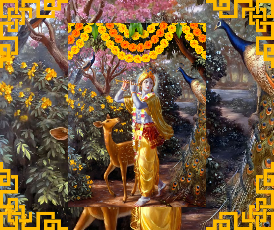 Krishna playing the flute with a deer at his side in a heavenly wooded surroundings