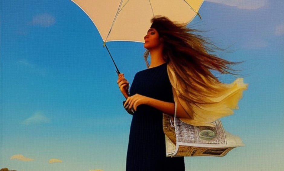 AI-generated image of a woman holding a shopping bag and an umbrella.