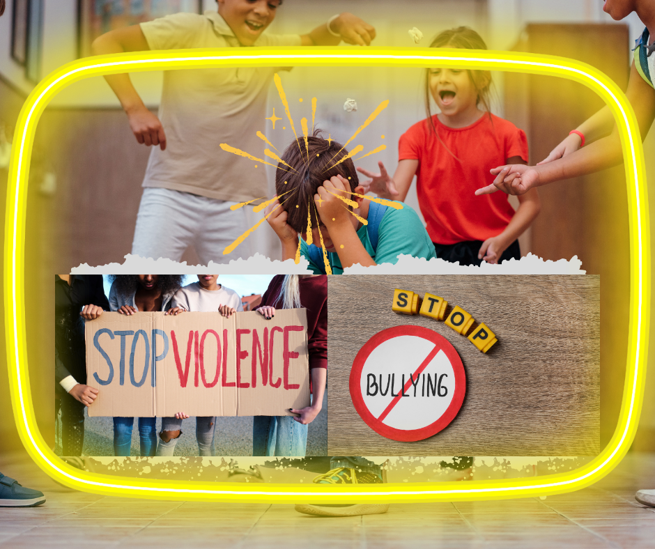 A circle of kids bullying one in the middle with two other images: one of a sign that reads “Stop violence” and the other “Stop bullying”. Everything framed by what looks like a yellow glowing outline of an old tv set.