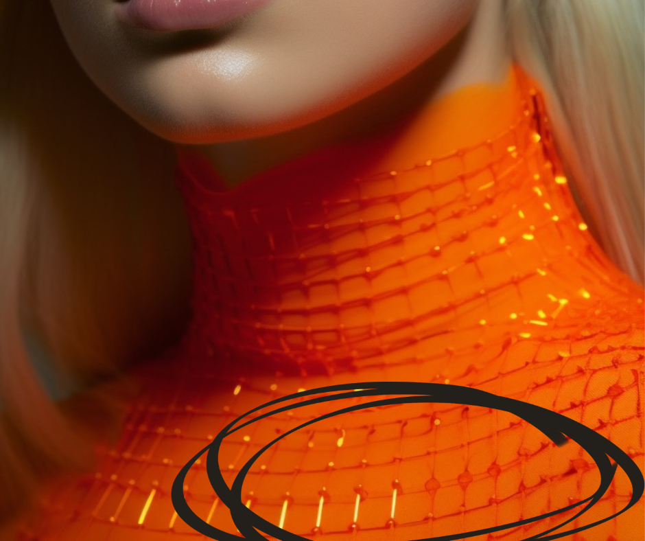 Close-up of a woman’s bright orange beaded turtleneck with inconsistent bead patterns.