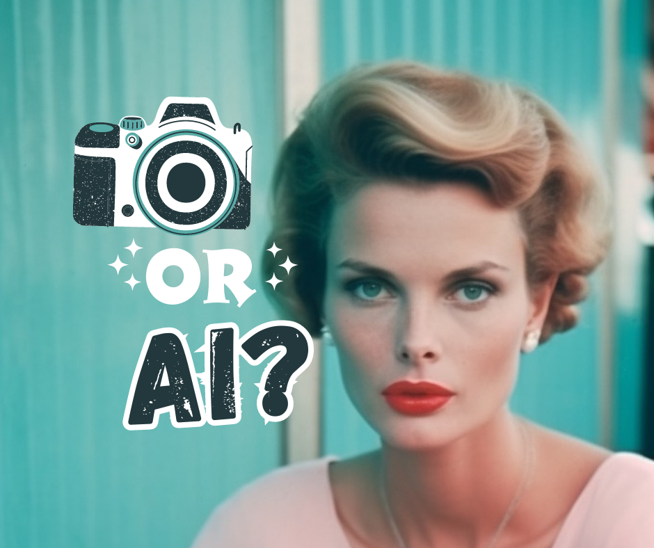 AI-generated image of a woman with graphics of a camera and text ‘or ai?’ questioning if it’s a photo or AI-generated”