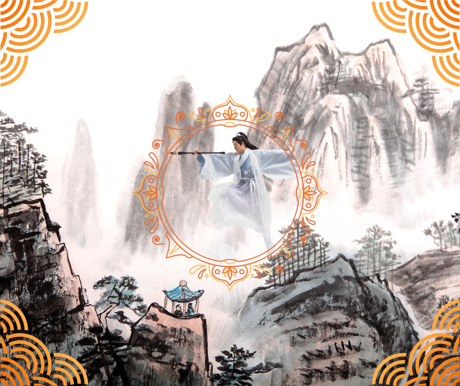 image of a martial art artist performing his art with a painting of a chinese mountainous scene in the background