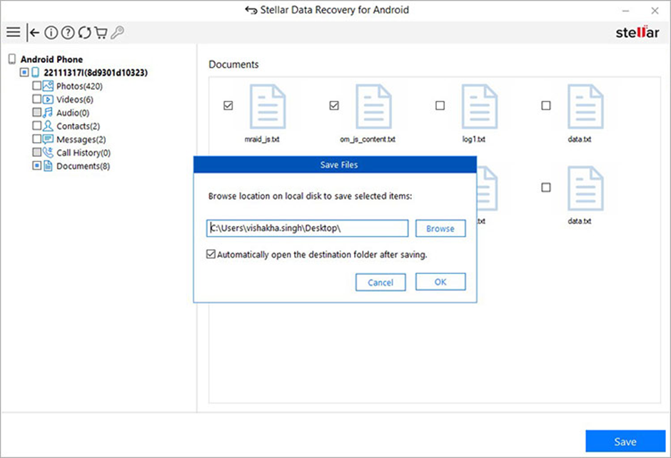 recover and save Android data in local storage without data leak