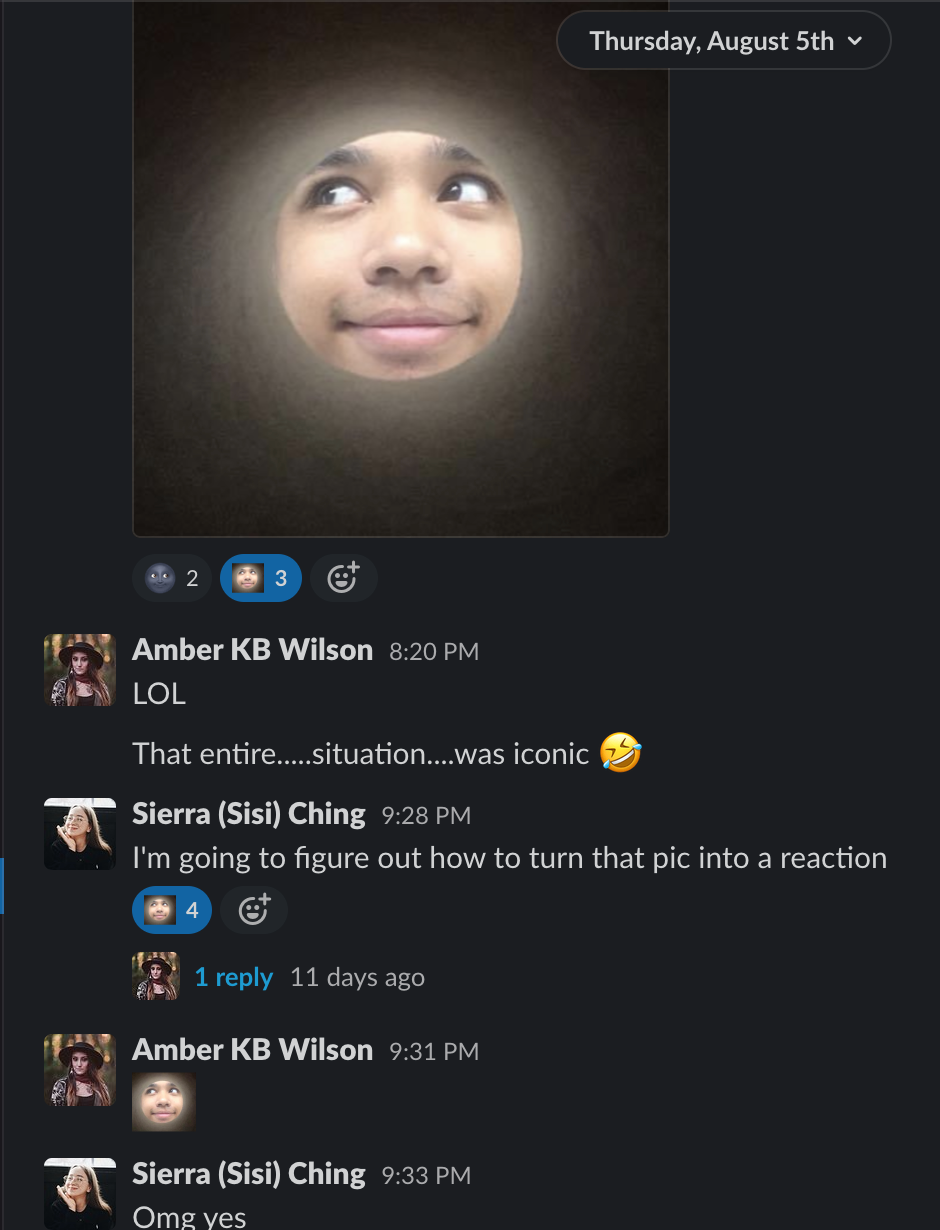 Screenshot of Slack messages showing a funny dialogue of when Jason’s face became an emoji meme in the ambassador channel