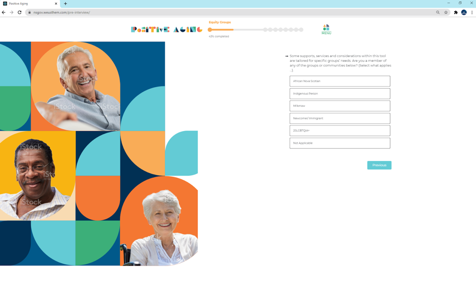 The first page of the portal, once a user clicks start that shows a series of questions on the right and three older adults smiling on the left.