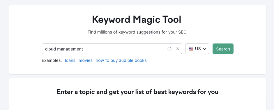 The Keyword Magic Tool from Semrush helps you find in-demand keywords related to any seed word you enter into the tool.