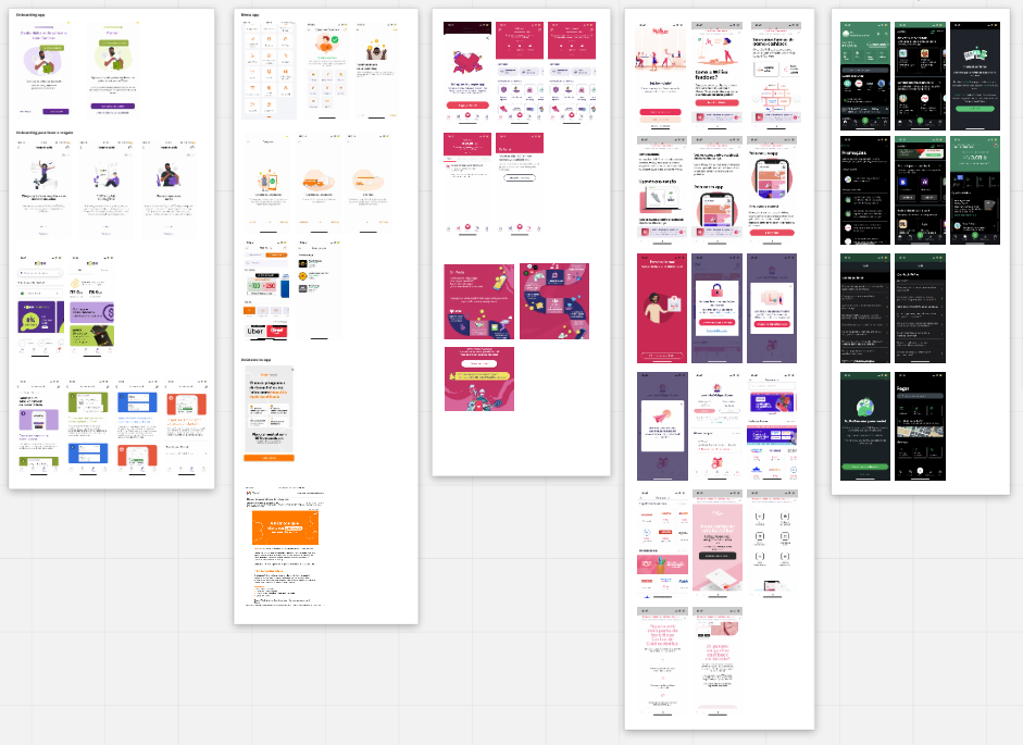 Captura de tela do board do Miro com os prints dos aplicativos e emails que fizeram parte da etapa de Desk Research. São 5 blocos de capturas de telas, separadas por marca.