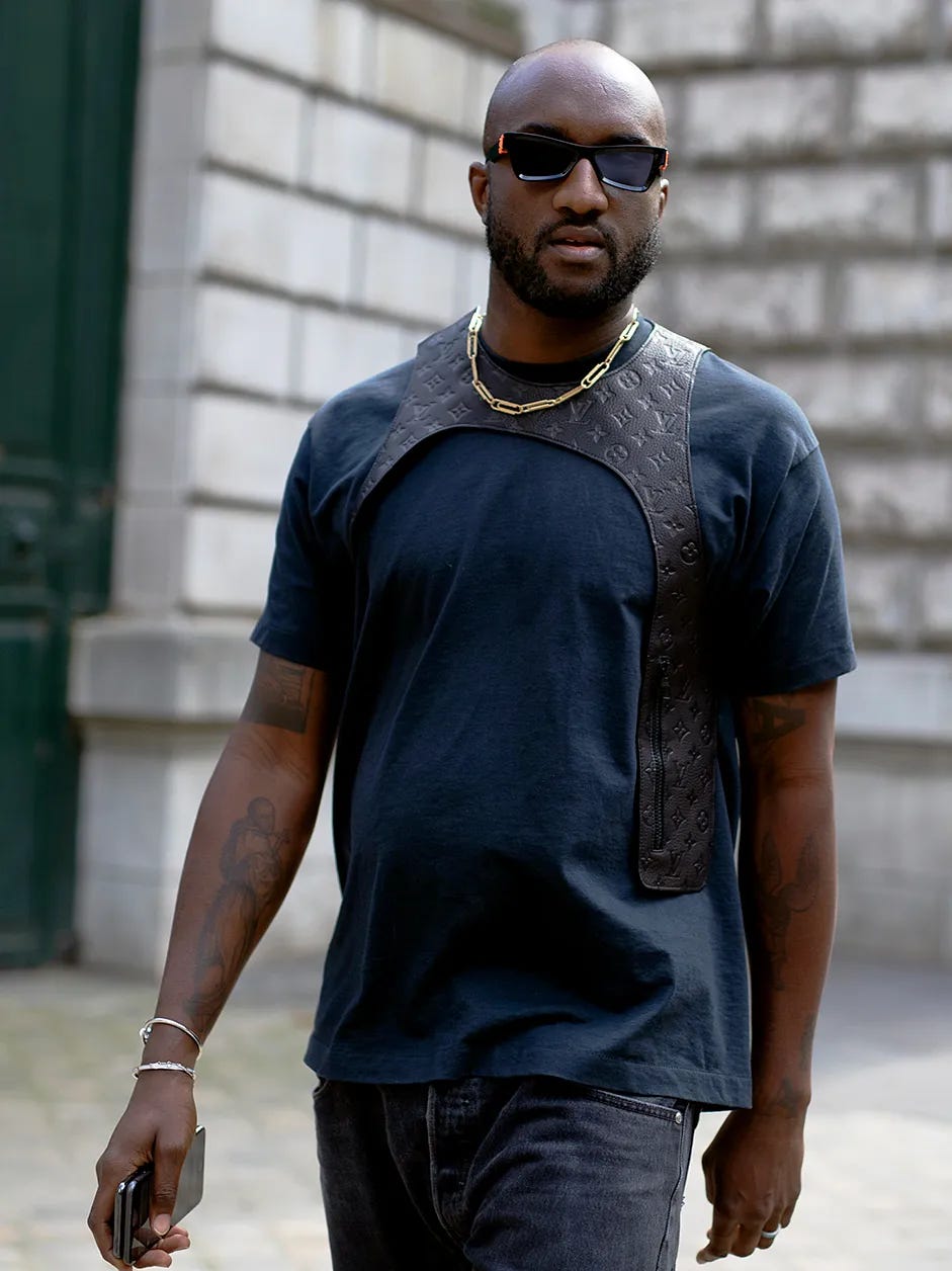 Virgil Abloh wearing the Louis Vuitton embossed leather mid layer