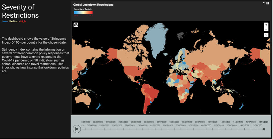 screenshot of dashboard showing by a map that is color coded to indicate strength of lockdown measures