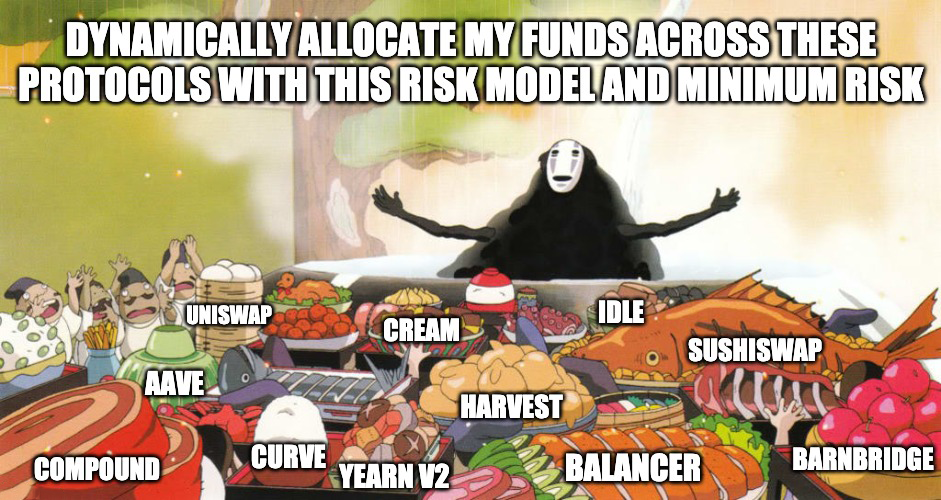 Meme: Noface having a feast of all the protocols he selected with his chosen risk model and risk tolerance