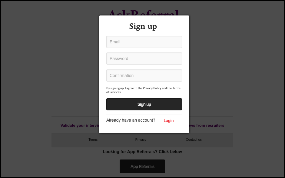 Entering a username and password and clicking on ‘Sign Up’ leads to opening of a new modal