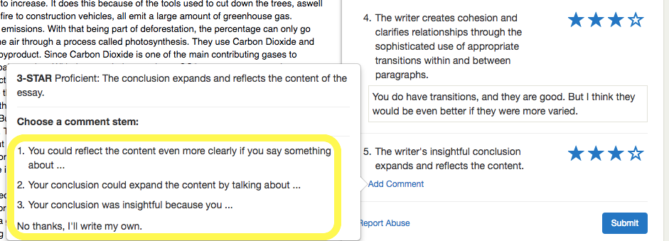 A screenshot of the “comment stem” interface in Writable. (Image from Writable)