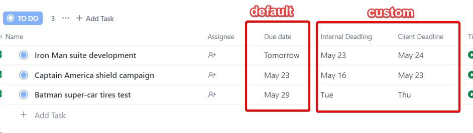 example of default and custom fields in clickup