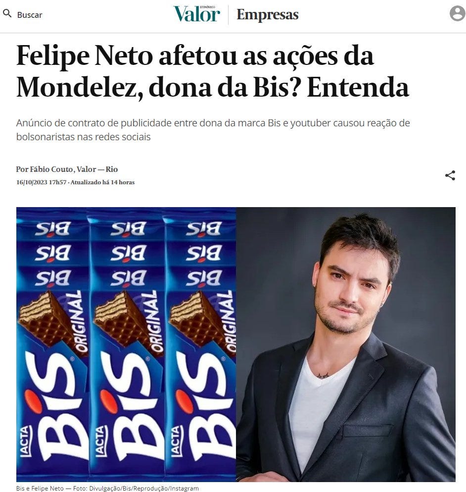 Print da matéria da Valor Economico com o título “Felipe Neto afetou as ações da Mondelez, dona da Bis? Entenda”