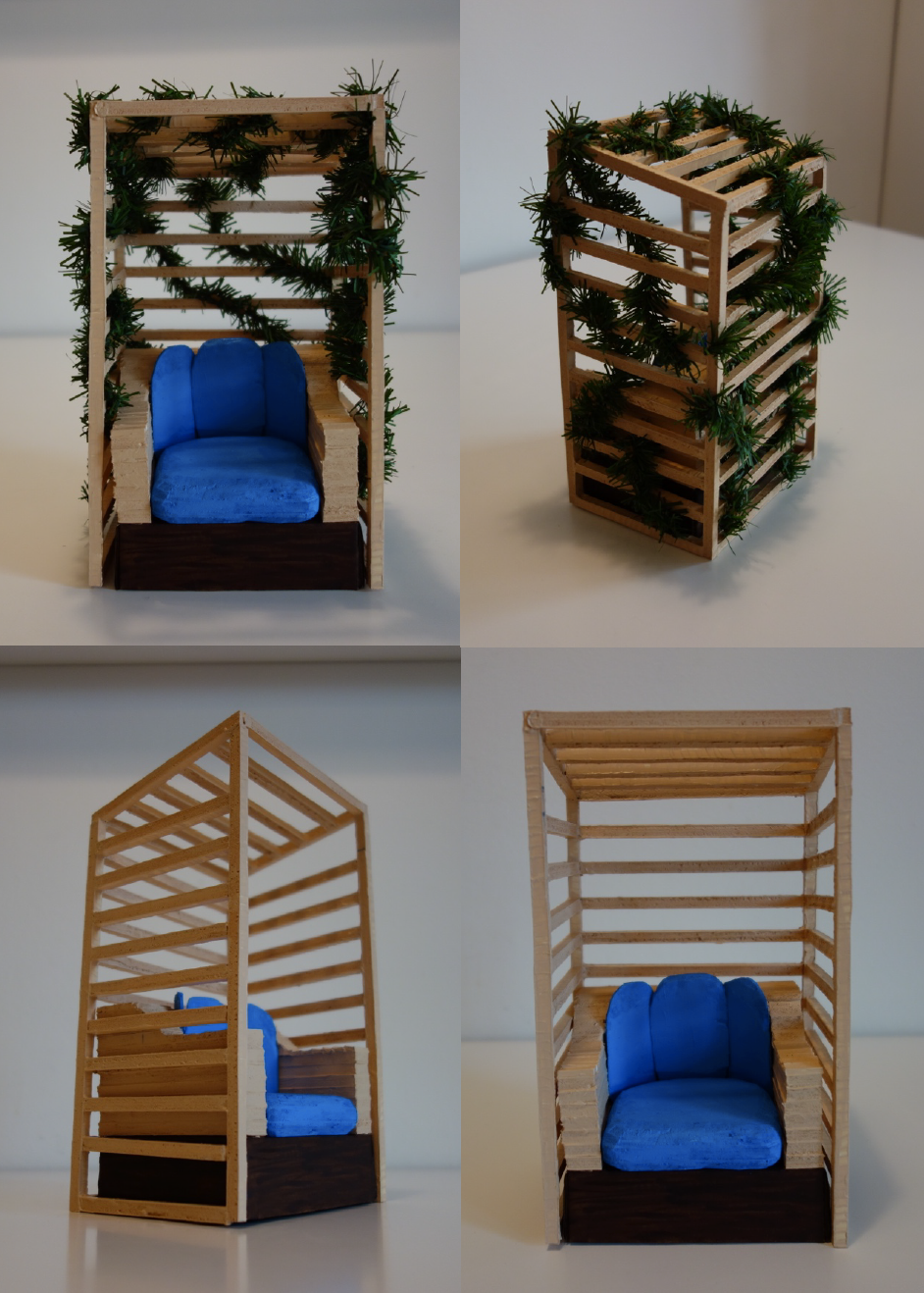 Four images of a constructed sitting place in cardboard.