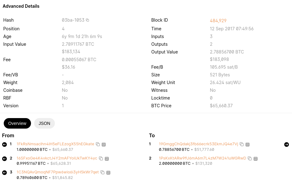 Detailed Bitcoin transaction information with inputs and outputs.