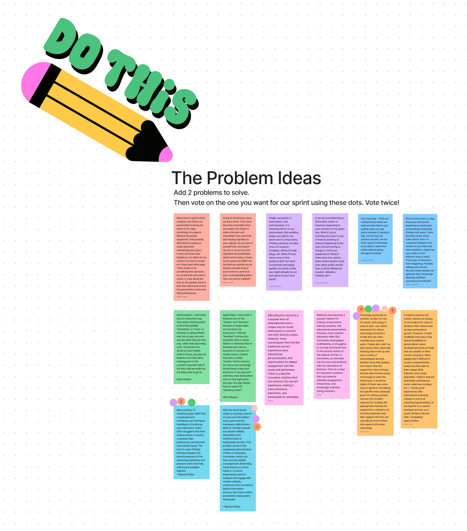 Screen shot of digital sticky notes with problem ideas written on them.