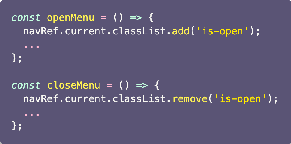 two Javascript functions showing the use of classList.add and classList.remove