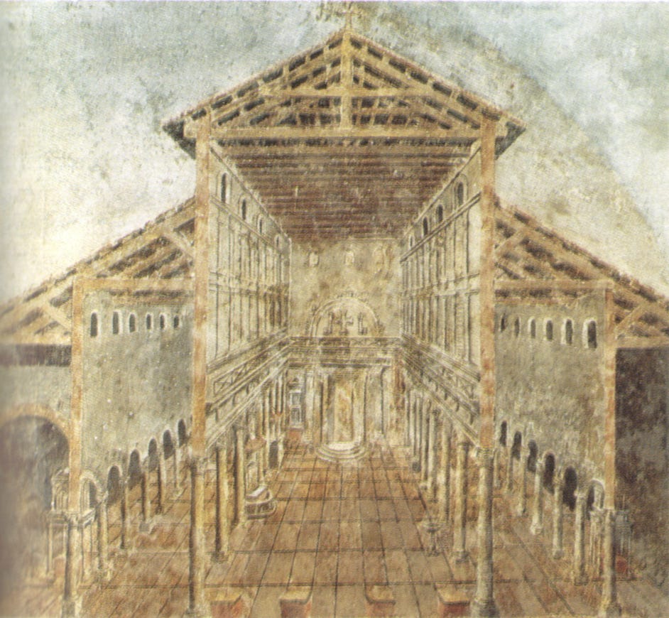 A 4th-century fresco showing a cutaway view of the Basilica Costantiniana di san Pietro, now know as Old St. Peter’s Basilica. Public Domain.