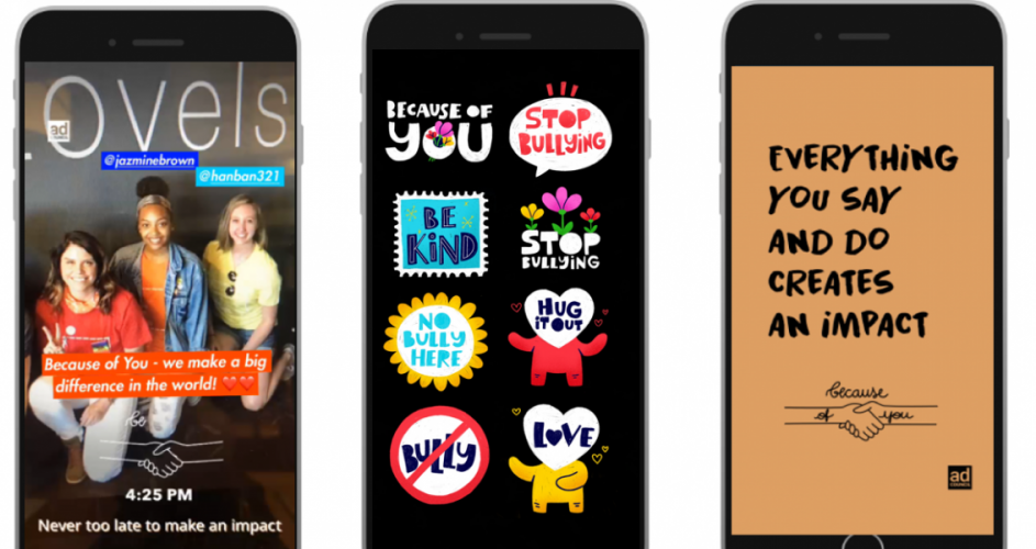 Snapchat lenses on phones show kindness stickers and "Because of You" campaign.
