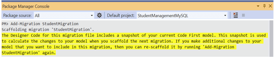 Run the Add-Migration StudentMigration command