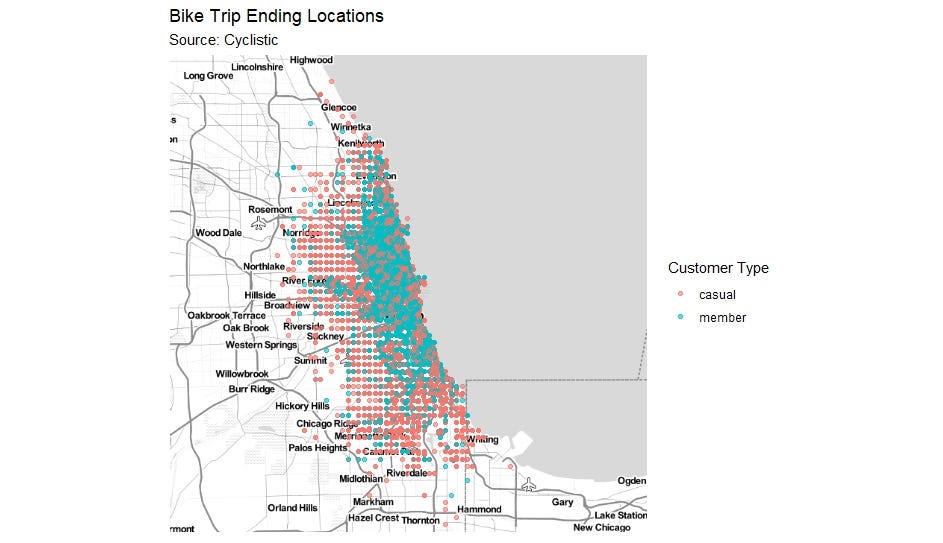 A map chart showing starting locations of both customer groups in Chicago —  Google Data Analytics Professional Certificate Cyclistic capstone project