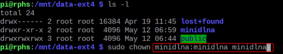 Changing the ownership of the ‘minidlna’ directory to the ‘minidlna’ user and ‘minidlna’ group