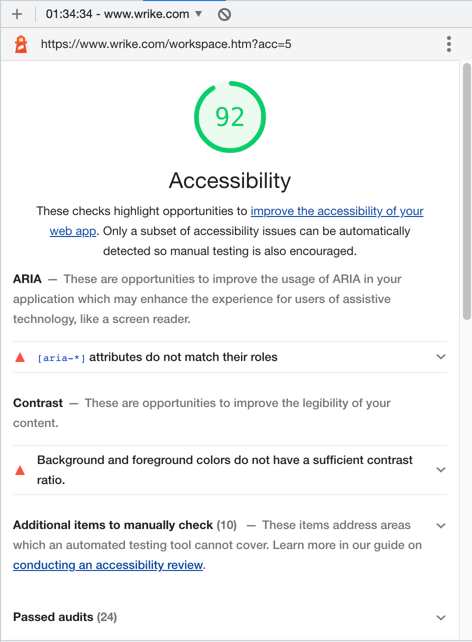 Lighthouse report example: A Lighthouse report shows a score of 92 for accessibility. Some issues regarding ARIA attributes usage and contrast between backgrounds and foreground colors are highlighted.