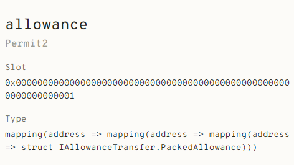 An evm.storage screenshot of the type of allowance on Permit2