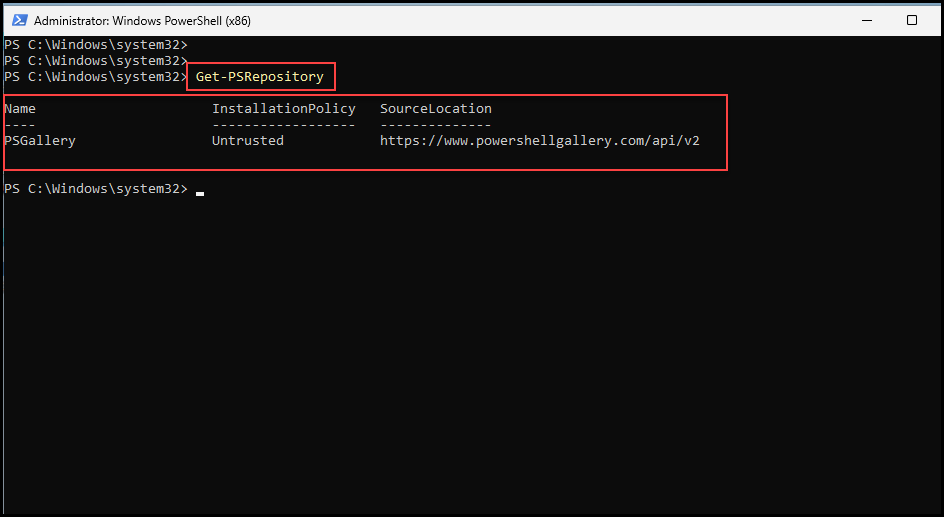 Figure 02- shows the default installation policy of the PSGallery as untrusted. r3d-buck3t, Azure, PowerShell, Az, pentesting