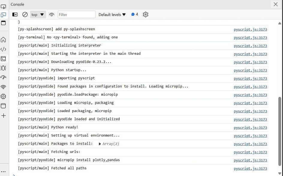 Note that the console information is not as detailed on Pyscript versions above 2022.12.1, I only used this version here to illustrate how it works.