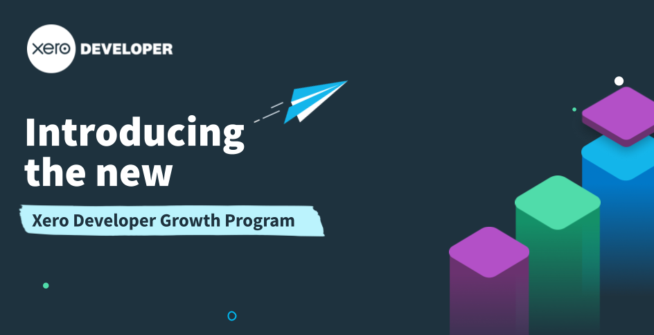 introducing the new xero developer growth program with an illustrated paper plane flying upwards and some other colourful illusrrative icons