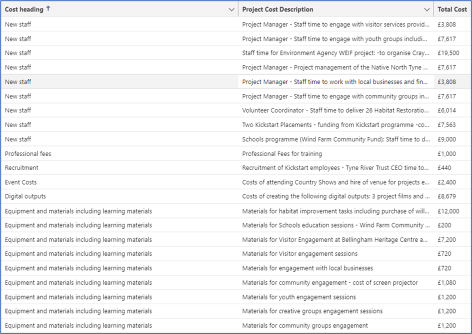 A collection of all the different costs related to a project submitted by a user as part of the arrears payment journey.