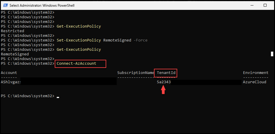 Figure 06 — shows the output of the Connect Azure command (account email and Tenant ID). r3d-buck3t, az, PowerShell, pentesting