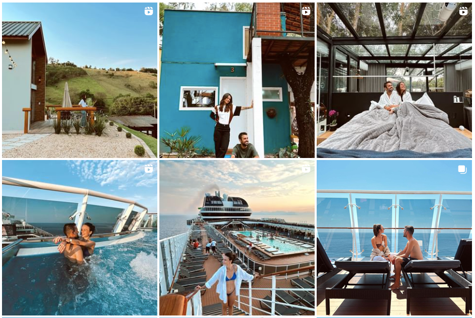 The picture shows the Instagram wall of the influencers. There are 6 different pictures, showing the two influencers in different kind of housing, landscapes and locations. They smile, laugh, embrace. The landscapes are blue, green, grey and harmonized. It shows either an hotel room or a swimming pool, or the terrace of a boat.