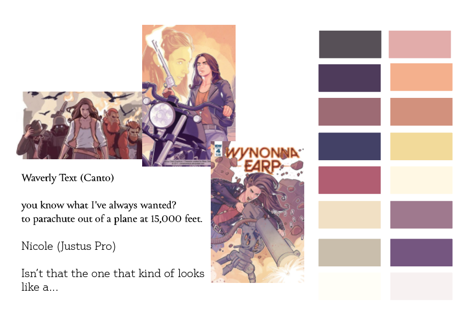 a few scenes from the Wynonna Earp comic book with colors selected from it and text samples of chosen typefaces.