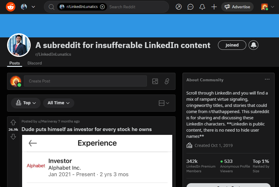 Front page of the r/LinkedInLunatics community on Reddit.com, displaying a user post with the title “Dude puts himself as investor for every stock he owns.” The post shows a screenshot from a LinkedIn profile with the “Experience” section highlighted, indicating the position of “Investor at Alphabet Inc.” from “Jan 2021 — Present • 2 yrs 3 mos.”