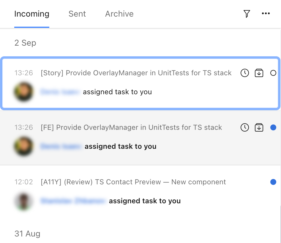 An Inbox view listing several unread messages under the “2 Sep” (September 2nd) header, one of them is focused