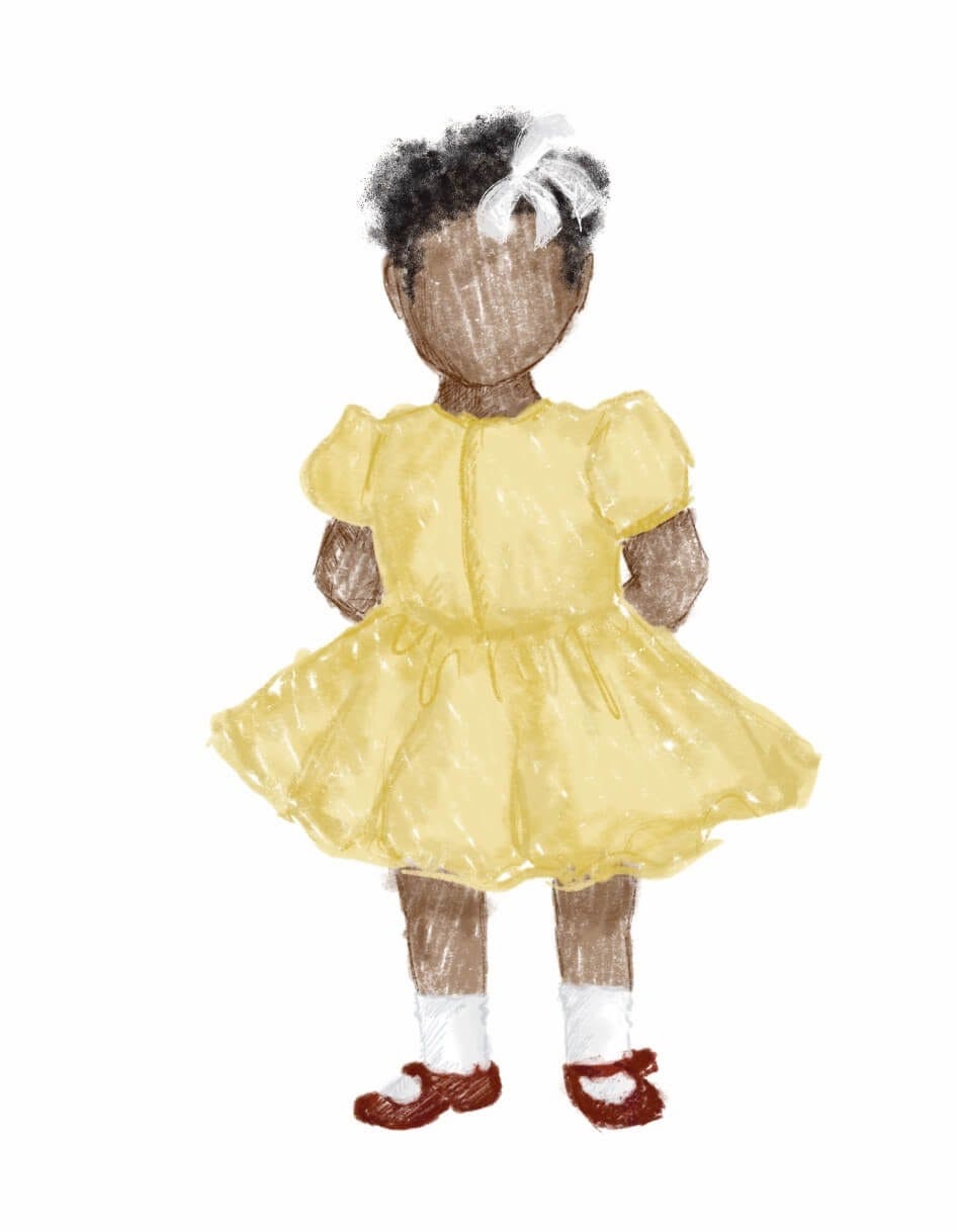 An illustration of a little black girl with a yellow dress, white ribbon, white socks and brown shoes