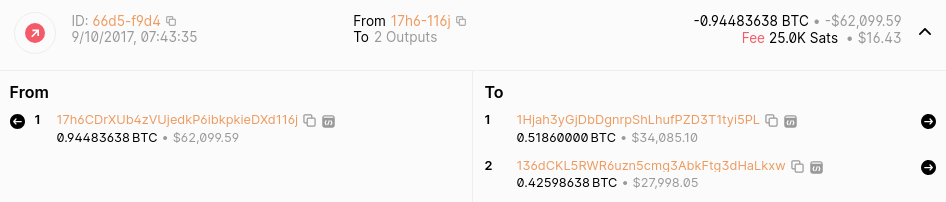 Detailed view of a Bitcoin transaction with inputs and outputs.