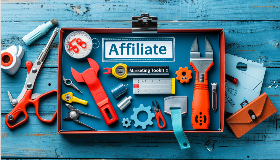 A toolkit opened to reveal various digital marketing tools and icons spilling out, with text overlay saying “Affiliate Marketing Toolkit”.