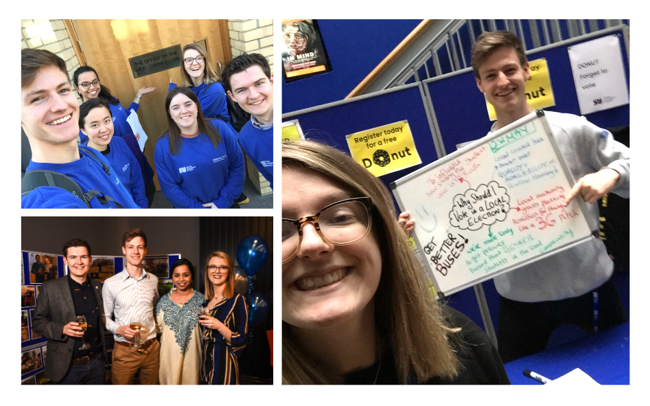 Photos from my time as an SU Officer. Meeting the Vice Chancellor with the team (top left), celebrating student achievements at the Education Awards (bottom left) and making sure students “Do-nut forget to vote” in the local elections… (right)