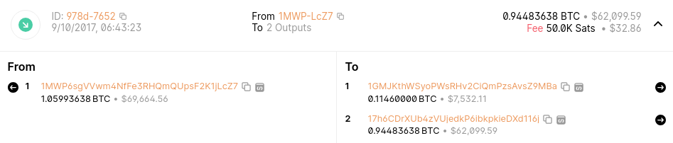 Bitcoin transaction details showing inputs and outputs.