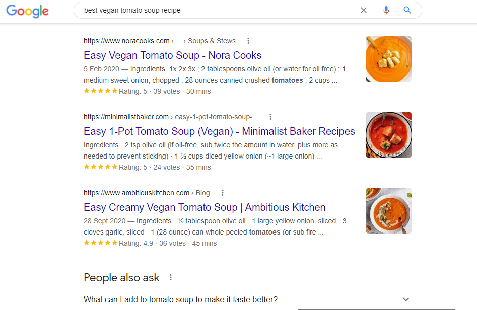 Google search results for vegan tomato soup recipe