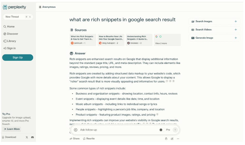 Display of Perplexity.ai search engine results, showcasing AI-driven search capabilities with direct answers and minimal links.