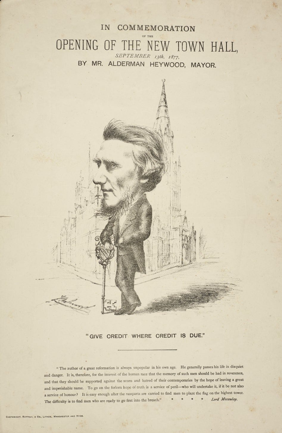 Cartoon with an oversized head of a bearded, suited, Victorian man leaning on a large key. Sketch of Town Hall in background.