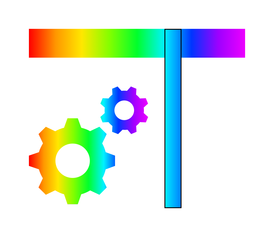 A rainbow spectrum with a small section extended out to resemble a ‘t’. Rainbow gears appear beneath the spectrum.