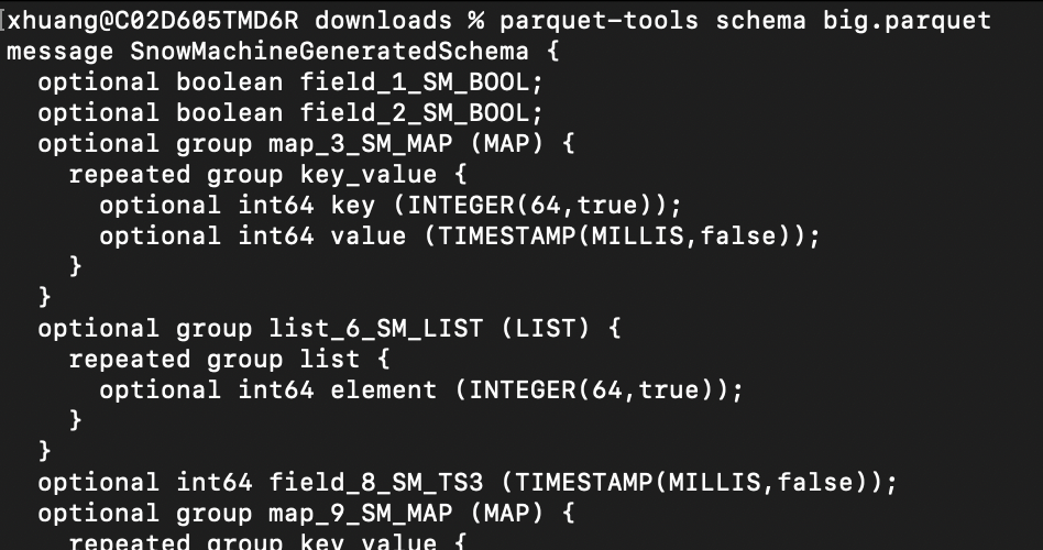 Using parquet-tools to inspect the schema of a big parquet file in terminal